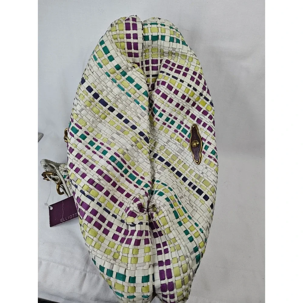 Elliott Lucca Woven Leather Large Hobo Purse Plaid off white purple NWT Flaw